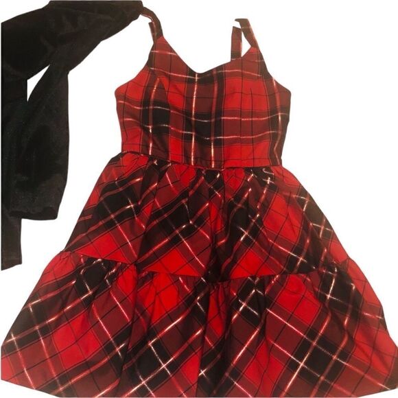 KIDS Girls Zunie Holiday 2 Piece Red Plaid Dress Bolero Black Velour Jac… - Picture 2 of 7